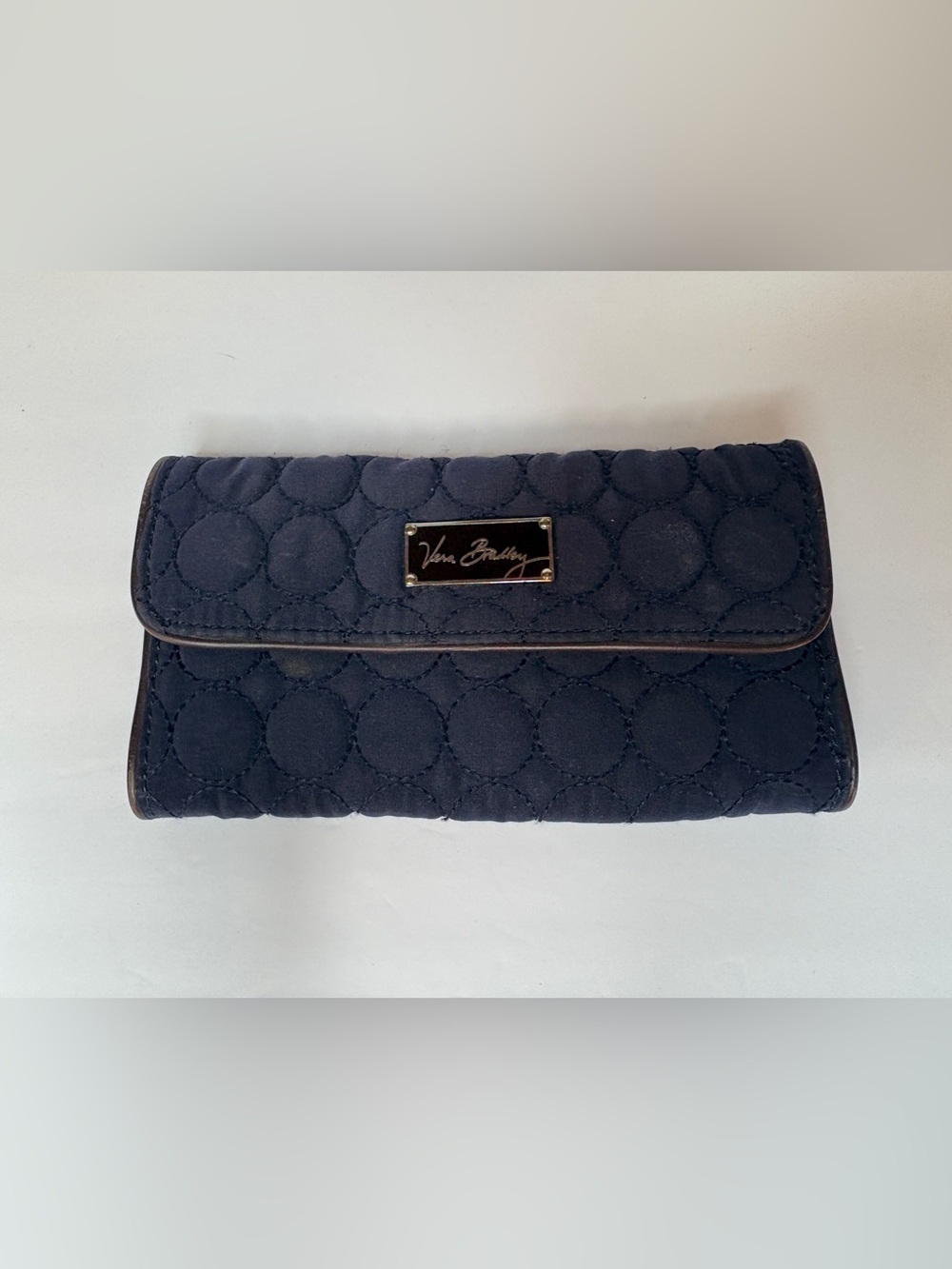 Vera Bradley Navy Blue Quilted Trifold Checkbook Wallet Metal Logo